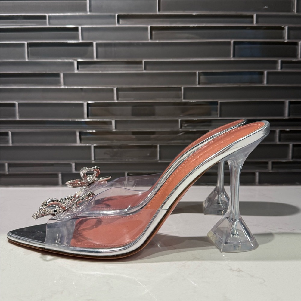 Amina Muaddi Silver Mules with Crystal Embellishments